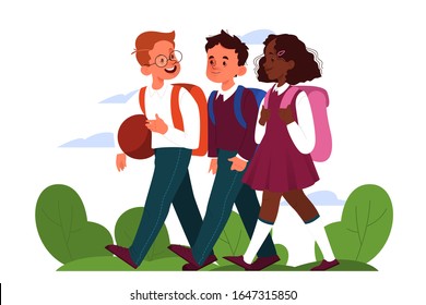 School boy schedule concept. Little children at school. Happy children after class. Students walking after school. Vector illustration in cartoon style