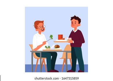 School boy schedule concept. Little children at school. Kid having lunch at school cafeteria. Male person eat food. Boy sitting at the table. Isolated vector illustration in cartoon style