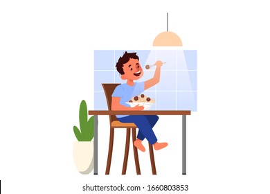 School boy schedule concept. Little boy having a dinner after school. Young male character eat healthy food. Isolated vector illustration in cartoon style