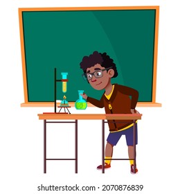 School Boy Scientist Make Lab Experiment Vector. African Schoolboy Making Laboratory Experiment With Chemical Liquid In Class. Character Studying At Chemistry Lesson Flat Cartoon Illustration