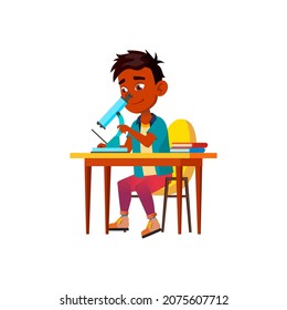 School Boy Scientist Researching In Lab Vector. Hispanic Schoolboy Scientist Research Biology In Laboratory With Microscope Equipment. Character Biotechnology Flat Cartoon Illustration
