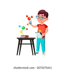 School Boy Scientist Researching Molecule Vector. Smiling Caucasian Schoolboy Research Molecule On Chemistry Lesson In Class And Noting In Notebook. Character Flat Cartoon Illustration