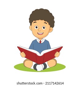 school boy sit and read book