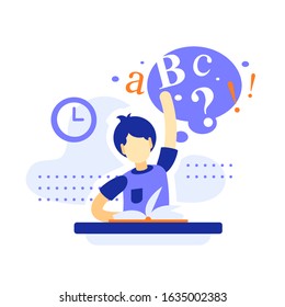 School boy sitting at the desk, raising hand and answering, fun education, subject learning, excellent performance, vector flat illustration