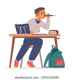 School boy sitting at desk spitting with chewed paper flat vector illustration isolated on white.