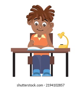 Escolar sentado en el escritorio y el vector del pensamiento. Estudiante sentado en la mesa, haciendo ejercicios y pensando en resolver problemas o sueños. Ilustración de caricaturas planas del libro de lectura de caracteres.