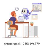 School boy sitting at table with laptop using Ai bot help while studying mathematics. Artificial intelligence in school education concept flat vector illustration isolated on white.