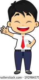 School boy smile and wave hand vector