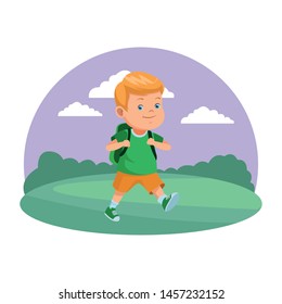 School boy smiling with backpack in nature scenery background ,vector illustration graphic design.