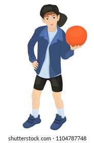 the school boy in sports to clothes and a cap holds a basketball