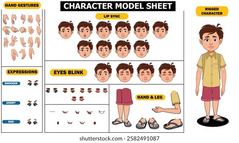 School Boy Sprite Sheet | Rigged 2D Character with Lip Sync, Walk Cycle, Eye Blink, Eyebrow Expressions, and Hand Sync | Ready-to-Use for Animation