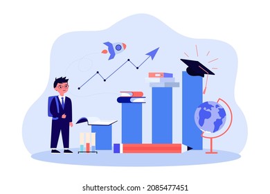 School boy standing by growing chart with books and graduate cap. Kid achieving graduation flat vector illustration. Success in education concept for banner, website design or landing web page
