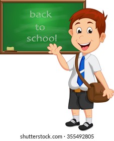 school boy standing in front of chalkboard with a wave of her hand
