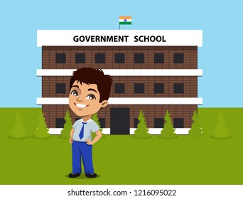 A school boy standing in his uniform in front of a school building