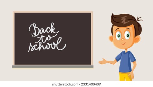 
Schuljunge steht neben einer Vektorgrafik-Illustration in Blackboard. Fröhlicher kleiner Schüler, der das neue Schuljahr beginnt 
