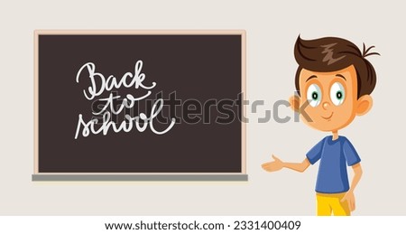 
School Boy Standing next to a Blackboard Vector Cartoon illustration. Cheerful little student presenting new school year beginning 
