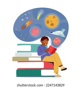 School Boy Student Character Reading Book about Space Interstellar Travel. Back to School, Education or Learning Concept. Smart Kid Sit on Pile of Textbooks and Reading. Cartoon Vector Illustration