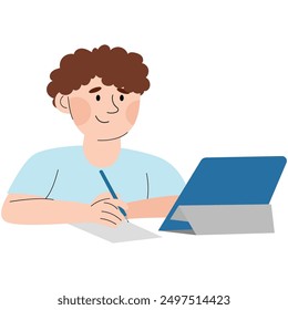 School boy or student character  writing and doing homework with laptop. Vector illustration. Education concept. 