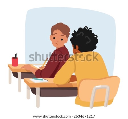 School boy student cheating answers from nerd classmate during exam test in classroom vector illustration. Intelligent and lazy schoolchildren cartoon characters studying together breaking rules scene