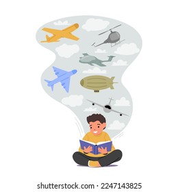 School Boy Student Learn Aircraft History from Book. Back to School, Education, Learning Concept. Kid Sitting on Floor Read Textbook. Schoolboy Character Gaining Knowledge. Cartoon Vector Illustration