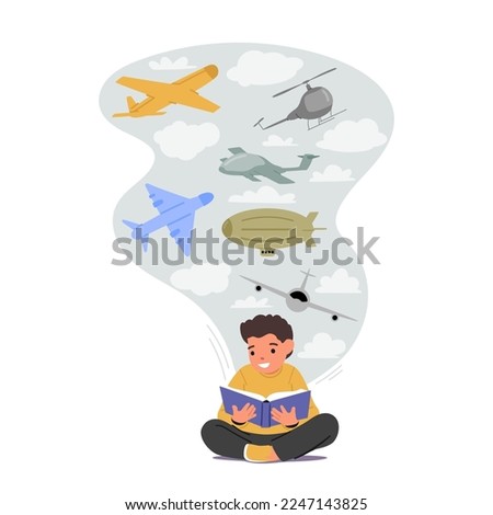 School Boy Student Learn Aircraft History from Book. Back to School, Education, Learning Concept. Kid Sitting on Floor Read Textbook. Schoolboy Character Gaining Knowledge. Cartoon Vector Illustration