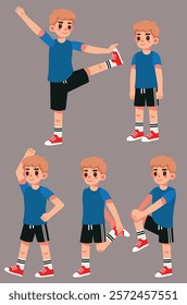 School Boy Student Warming Up before Sport Cartoon