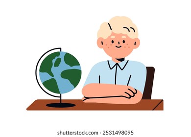 School boy studying geography with Earth globe. Happy child learning subject, sitting at desk. Cute kid student, pupil at lesson, education. Flat vector illustration isolated on white background