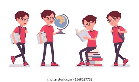School boy studying with globe and books. Cute small guy in glasses, busy learning active young kid, smart elementary pupil aged between 7 and 9 years old. Vector flat style cartoon illustration