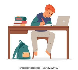 School boy studying at home making homework sitting at desk and writing flat vector illustration isolated on white.