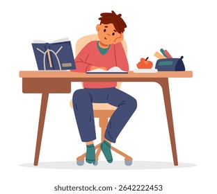 School boy studying at home making homework sitting at desk and reading flat vector illustration isolated on white.