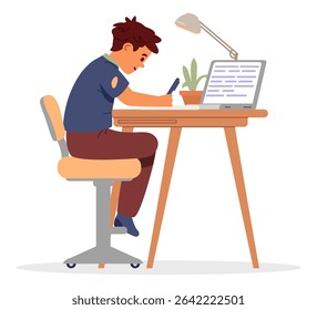 School boy studying at home making homework sitting at desk and writing flat vector illustration isolated on white.