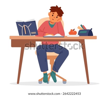 School boy studying at home making homework sitting at desk and reading flat vector illustration isolated on white.