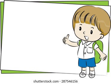 school boy talk with blank card