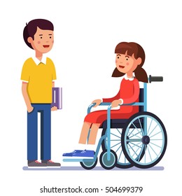 School boy talking to his friend girl who is temporarily disabled and recovering using wheelchair. Handicapped person socialization. Colorful flat style cartoon vector illustration.