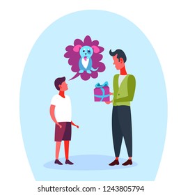 school boy thinking speech bubble dog father presenting gift teenager boy dream pet concept isolated full length cartoon character flat