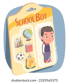 School boy toy set in blister card packaging. Toy schoolboy kid and backpack, ball, books accessories in plastic pack. Child game activity, childhood development, education flat vector illustration