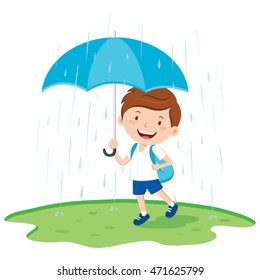 School boy with umbrella in the rain. Vector illustration of a boy holding umbrella in the rainy day.