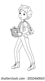 School boy in uniform for back to school concept in black and white color, can use for coloring book, poster, cards. Vector illustration.