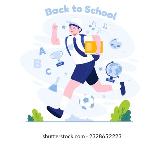 A School Boy in uniform with a backpack running happily back to school. Back to School concept illustration