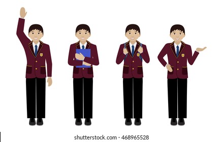 School boy in uniform blazer flat vector illustration Set of different poses - raising hand up, holding book, with backpack and presenting