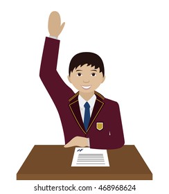 School boy in uniform raising hand up to ask or ready to answer in classroom flat vector illustration
