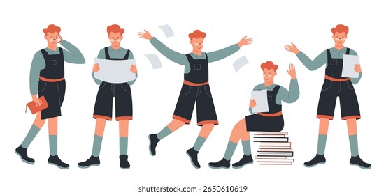 School boy in uniform showing different study poses reading, thinking, running, sitting on books, holding paper, perfect for education and learning concepts isolated on white background vector