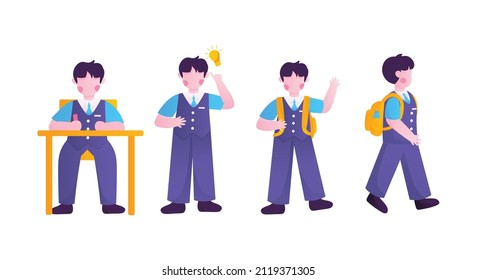 School boy in uniform vector illustration set