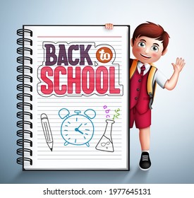 School boy vector character design. Back to school text in notebook element with 3d male student standing behind and waving for friendly kids education design. Vector illustration
