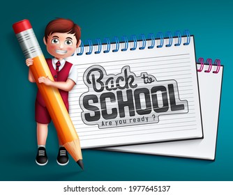 School boy vector character design. Back to school text with male 3d student holding pencil and writing in notebook element for kids education friendly learning design. Vector illustration