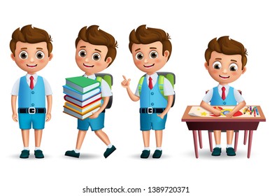 School boy vector character set. Back to school student wearing uniform in standing posture and drawing in desk. 3D realistic vector illustration.
