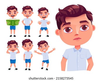 School boy vector character set design. Male student characters collection in friendly and thinking expression isolated in white background for back to school education. Vector illustration.
