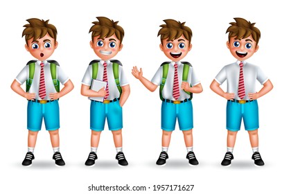 School boy vector characters set. Back to school 3d kids character in standing pose and gestures isolated in white background for preschool educational collection design. Vector illustration 
