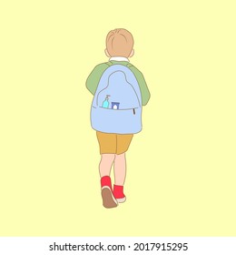 Escolar caminando con limpiaparabrisas y limpiador de manos en mochila para prevenir el virus COVID-19 aislado en el fondo, Nuevo normal de vuelta a la escuela concepto vector de ilustración plana.