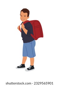 School boy walking to elementary or middle school with backpack side view. Kid male character vector illustration isolated on white background. Back to school concept